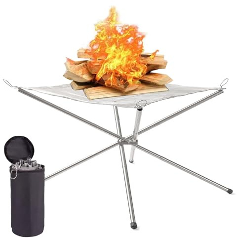 Edelstahl Feuerschale Faltbar Großformatig 56cm mit tragbarer Tragetasche | Zusammenklappbare Feuerstelle aus 304er Edelstahlgewebe für Outdoor-Camping,BBQ,Garten,Terrasse und Hof Gadgets