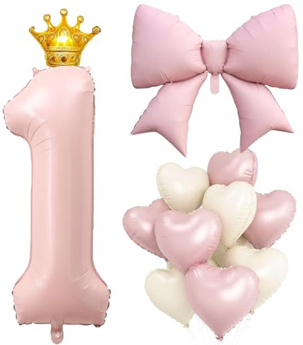 DazzJoy Geburtstagsdeko 1 Jahr Mädchen mit Schleifen Folienballon, Luftballon Deko 1. Geburtstag Mädchen Junge, Ballon 1 Geburtstag Mädchens, Helium Ballons 1. Rosa für Kindergeburtstag Deko