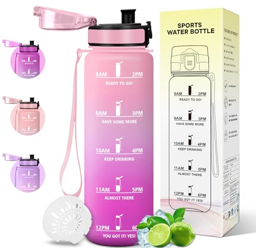 Motswedi Borraccia 1 Litro, a Prova di Perdite, Bottiglia Motivazionale con Scala di Idratazione, Borraccia Sportiva, senza Cannuccia, Bottiglia acqua, per Ufficio, Sport, Rosa chiaro & Rosso rosato