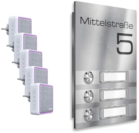 Metzler Mehrfamilien-Funkklingel - 3-fach - Klingelplatte aus Edelstahl - mit austauschbaren Namensschildern - Produktmaße: 156 x 220 mm (6x Steckdosen Empfänger)