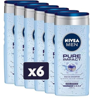 NIVEA MEN Pure Impact Dusch-Shampoo im 6er Pack (6 x 250 ml) Männer Badeschaum für Körper, Gesicht und Haare, Duschgel und Shampoo für Herren mit Minzextrakten