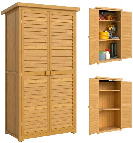 Outsunny Gartenschrank Holz, Geräteschuppen wetterfest 87x46,5x160cm, Gerätehaus mit Tür, Pultdach, Böden, Geräteschrank, Gartenhaus Werkzeugschrank Gartenschuppen für Garten, Terrasse, Natur