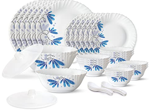 Larah Geschirr-Sets, 35-teilig, stapelbare Teller und Schalen-Sets, Geschirr, Deckel, Löffel, Service für 6, Opal, leicht, knochenaschefrei, splitterfest, weiß, blaue Blumen