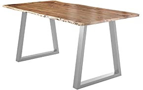 SAM Esstisch 200x100 cm Lubin, Akazienholz naturfarben, Massiver Esszimmertisch mit echter Baumkante, Baumkantentisch mit V-Gestell Silber, Holztisch mit 26 mm Tischplatte