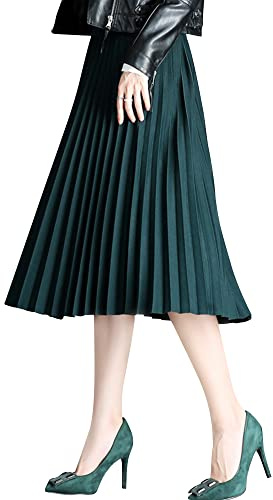 Mujer Niña Falda Plisada Midi de Longitud Media - Tejido de Punto de Fibra Plateada, Cintura Elástica para Primavera Otoño, 75cm - Verde Oscuro