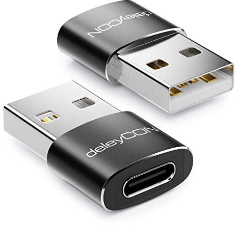 deleyCON USB C-Adapter (2 Stycken) USB-C-Uttag till USB-A-Kontakt - för Laddningskabel Datakabel Laddare - för iPhone 16 15, IPad, Airpods, Watch, Galaxy S25/S24/S23, PC, Surfplatta, Notebook - Svart