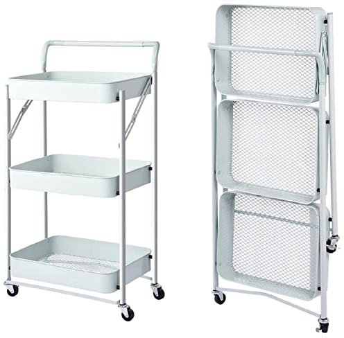 Carrello Cucina Pieghevole Multiuso con Manico 3 Ripiani Cestelli 4 Ruote girevoli e Freno Integrato in Metallo Trolley Salvaspazio da Servizio Bianco
