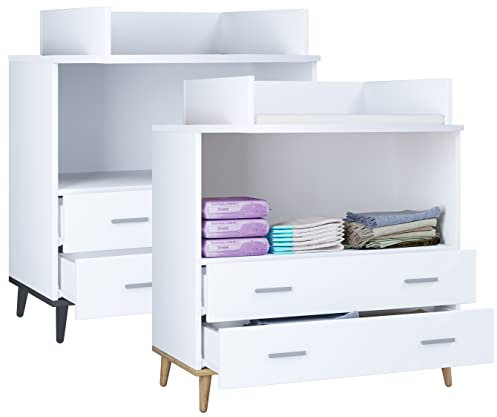 VCM Wickeltisch Set | Wickelregal mit Wickelaufsatz | Maße H. 93 x B. 80 x T. 49 | Zwei Schubladen für Stauraum | Wickelkommode - Lindas Weiß/Anthrazit