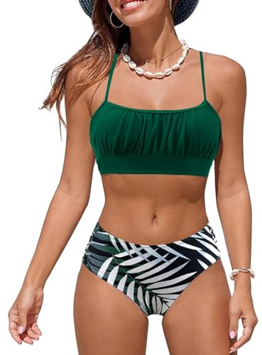Hög storlek Bikini Set för Kvinnor Justerbara axelband Bandeau Ruched Top Baddräkt Plisserad Elegant Ruched Dam Baddräkter Två Delar, Grön/Blad, L