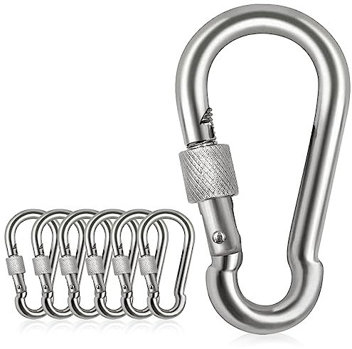 Spencer Locking Carabiner Clips 3.15'' 6 Pack-304 Premium Stainless Steel Thumb Screw Carabiner Clip Heavy Duty For Outdoor, Camping, Hiking, Swing, Gym, Dog Leash, silver
