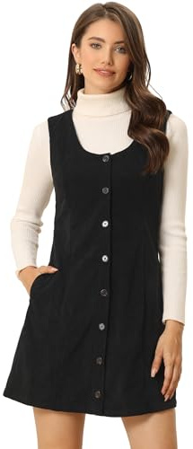 Allegra K Women's Corduroy Button Down Scoop Neck Pockets Casual Pinafore Overall Dress Black M