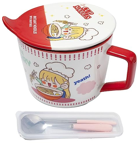 lachineuse - Omedelbar nudelskål - japansk Ramen-skål och kinesiska nudlar - med bestick och lock - frukostskål, soppa, ris - asiatisk presentidé Japan Kina, Cup Noodles - röd