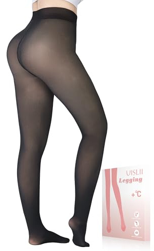 UISLII Fleece Lined Women's Tights Warm, Fake Translucent, Thermal, Skin Colored for Winter (Black Foot, Medium-Tall)