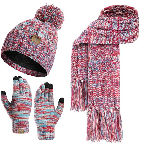 INSISMY Mütze Schal handschuhe Set Winter Weich Warm Pelzgefütterte Bommelmütze Langer Schal mit Quaste und Touchscreen Handschuhe Set 3-teiliges Melange Gestrickt Damen Unisex