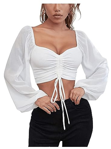 UNeedVog Damenhemd Crop Top Drawess Ruch -strickbluse Square Kragen Langarm Chiffon Täglich Hemden