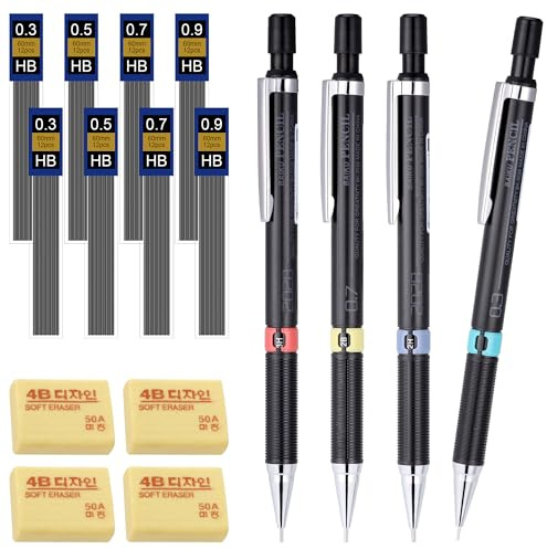 JIANTA Mekaniskt pennset, 4 st HB automatiska pennor 0,5 0,3 0,7 0,9 mm, kopplingsframdrivningspenna med 8 rörpåfyllningar och 4 radergummi för att skriva skissning ritning