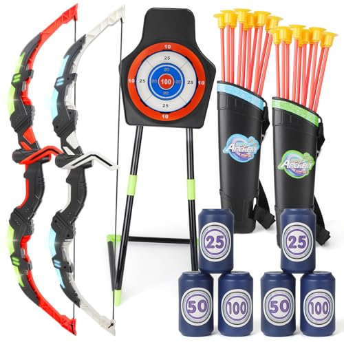 deAO Pfeil und Bogen Kinder, 2 Sätze LED Bogenschießen Set für Kinder mit 20 Saugnapfpfeilen, 6 Zielen & Stehendem Dartboard – Inkl. 2 Bögen & Köchern, Indoor/Outdoor Spielzeug Geschenk ab 4-12 Jahre