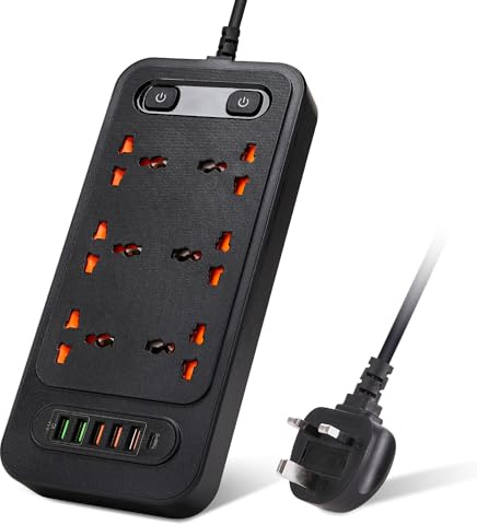 6 Way Extension Lead With Slots,1USBC 5USB 3M Surge Protected Power Strip | 6 AC sockets, 1 USB-C & 5 USB-A ports(3000W 10A), 5V 3.4A fast charging, 13A UK plug,Extension Cord for home office