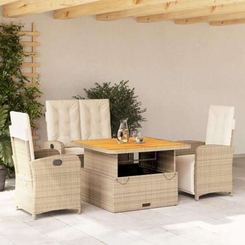 Gecheer 4-TLG. Polyrattan Sitzgruppe, Rattan Gartenmöbel Set, Garten Essgruppe 4 Personen, Balkonmöbel Set, Gartentisch mit Stühlen & Gartenbank, Terrassenmöbel Gartengarnitur mit Kissen Beige