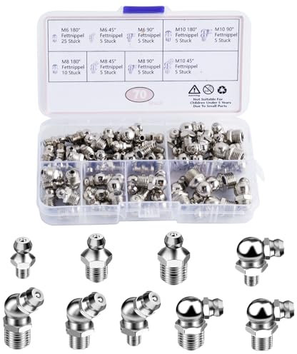 ROSYLEVE 70 pezzi Assortimento di ingrassatori,kit Grasso Raccordo Assortimento M6 M8 M10 iritti e angolati 45° 90° 180° ingrassatori conici per Pistole per grasso