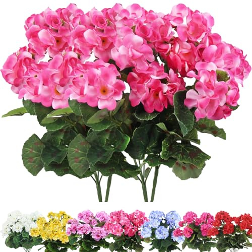 Künstliche Geranien, 35,6 cm, Seiden-Geranie, UV-beständig, kein Verblassen, Kunstblumen, volle Blüten, Seidenblumensträucher für Innen- und Außendekoration, 4 Stück, Rosa