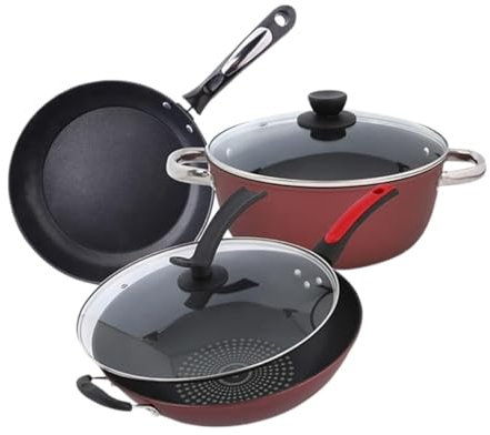 RUVOO Batteria di Pentole, Set di Pentole 3 Pezzi Wok Pentola per Zuppa con Coperchio Padella Pentola Casseruola Padella Antiaderente Set Utensili da Cucina da Cucina Utensili Cucina Set Pentole