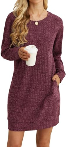 PrinStory Women Jumper Dress Long Sleeves Causal Basic Mini Dress With Pockets Loose Knitted Pullover Tunic Sweatshirt For Women (Wine Red, XL)