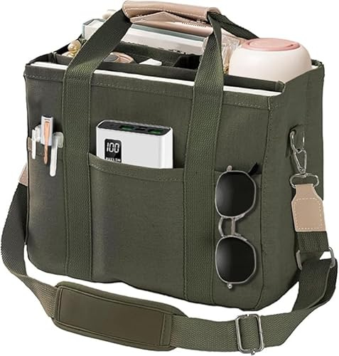 AioTio Canvas Tragetasche Damen Multi-Pocket Tasche Casual Organisiert Schultertasche Tote Bag für Student, Mütter, Büroangestellte(Grün)