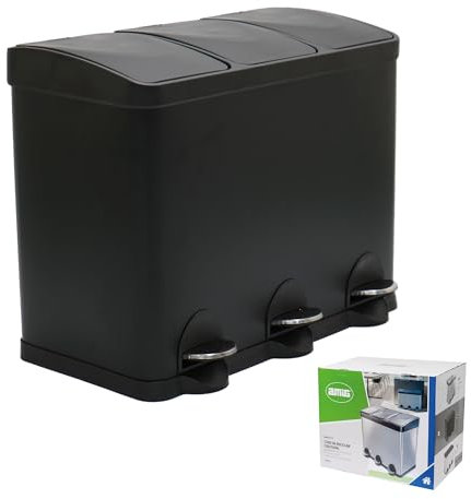 Amig - Triple Pedal Bin 45 litres Mod. RECIK3 | 3 Removable 15-Litre Compartments | Kitchen Recycling Bin | Steel | 60 x 37 x 49 cm | Matte Black