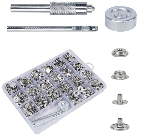 Luabue Druckknopf Set Metall Druckknöpfe Kleidung Snaps Taste mit Fixierwerkzeug Kit für Leder Handwerk Jacke Brieftasche Handtasche Großen (Silber 100set 15mm)