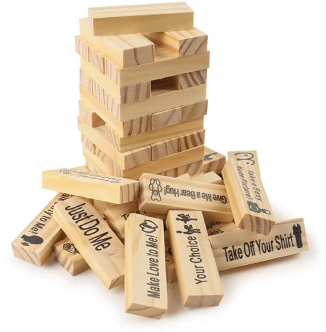 TIVUNORON Jeux de Lust Tower, Tours Empilables Naughty Jeux de Couple, Lot de 48 Blocs en Bois avec Dirty Talk et Défis Lust, pour Saint-Valentin et Soirée Romantique