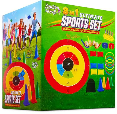 KreativeKraft Juegos Infantiles Juegos Exterior Niños Familia Adultos para Fiesta Cumpleaños Jardin Aire Libre Sacos para Carreras Ring Toss Game (Juego 8 en 1)