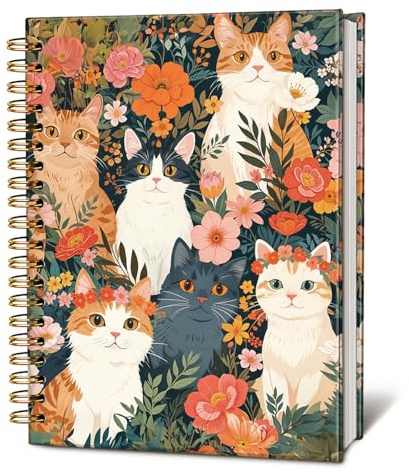 LIANGW Kattanteckningsbok dagbok för tonårstjejer, svart katt blommig spiralanteckningsbok för skolmaterial, söta anteckningsböcker för skola estetisk, kattälskare gåvor för kvinnor män 5,5 x 8,3 tum