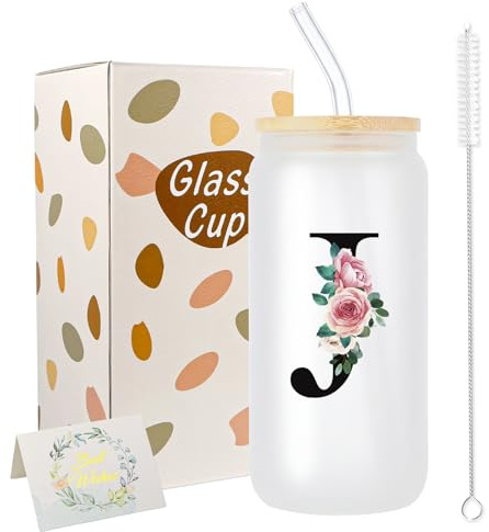 JEKUGOT A-Z Initial Personalised Birthday Gifts for Women, 16oz Iced Coffee Glass Cups with Lids and Straws, Glass Coffee Cup Gift Set for Mothers, Friends, Women, Men, Iced Coffees Cup Gift (J)