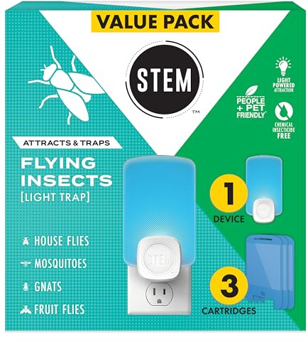 STEM Insect Trap - Indoor Fruit Fly & Gnat Pest Control for House, Home and Kitchen, Attracts & Traps Flying Bugs, Soft Blue Light - Includes 1 Plug-in Device & 3 Cartridges