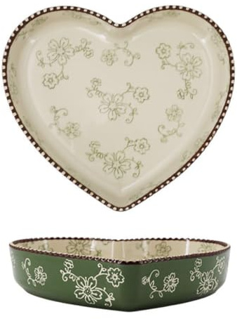 WAIT FLY Ceramic Sakura Pie Pan 33 OZ Quiche Baking Dish Heart Shape Pie Dish for Lasagna, Apple Pie-1 PCS-Green