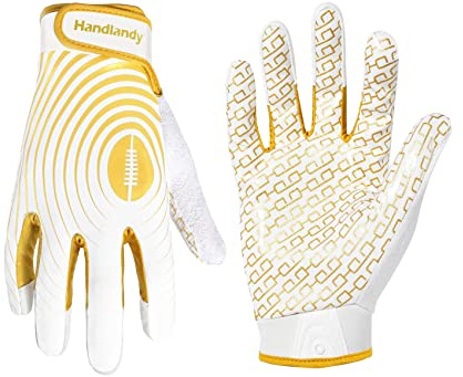 HANDLANDY Gants de football américain pour jeunes – Gants de récepteur larges adhésifs pour enfants et adultes, gants de football extensibles noirs et dorés (blanc et doré, taille XS)