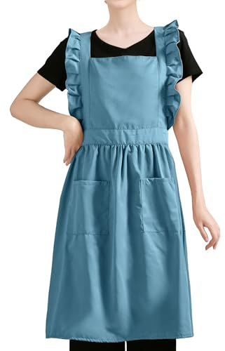 Ausing Küchenschürzen Damen Kreuz Rücken Retro KochSchürze mit Rüschen 2 Taschen einfarbige Arbeitsschürze für Blumenladen,Cafe,Kellner