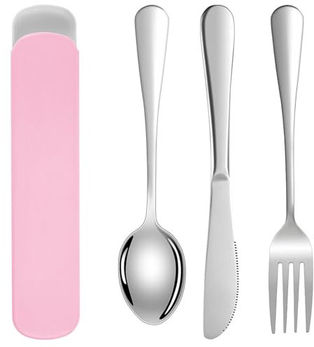 DOETYD 3 PCS Travel Cutlery Set Stainless Cutlery with Portable Case Reusable Spoon Fork and Knife for Camping Travel Picnic School Office Lunch (Pink)