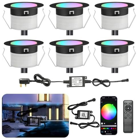 INDARUN RGBW WiFi Led Decking Lights Waterproof IP67 Ø31MM 12V - Bluetooth Led Plinth Lights for Terrace/Patio/Path/Wall/Garden/Decoration, 6 Packs