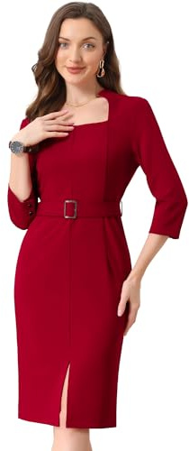 Allegra K Vestido Tubo para Mujer, Estilo Retro, con Abertura y cinturón, Manga 3/4, para negociosRojo XL