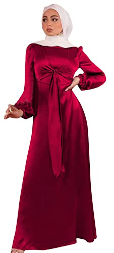 Robe De Soiree Femme Longue Musulmane, Robe Chic Et Elegant Hijab en Satin à Manches Longues Caftan Grande Taille Slim Doux Couleur Unie avec Ceinture VêTements Style Ethnique pour Le Ramadan