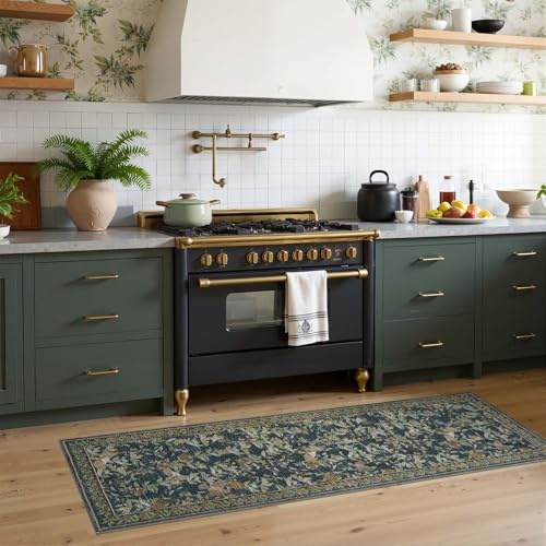 jinchan Eden Floral Washable Runner Rug 2x5 Vintage Hallway Rug Non-Slip Lightweight Soft Thin Kitchen Low Pile Distressed Blue Green Carpet for Bathroom Laundry Room Bedroom Entryway