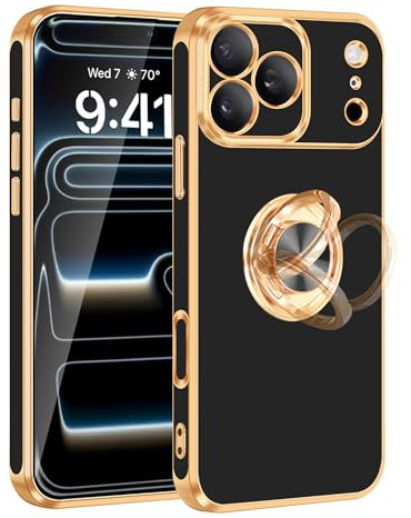 Fingic for iPhone 17 Pro Max Case[with 360°Rotatable Ring Holder][Support Magnetic Car Mount] Shiny Plating Gold Slim Thin Soft TPU Shockproof Case for iPhone 17 Pro Max for Men Women,6.9,2025,Black