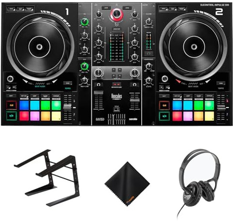 Hercules DJ Control Inpulse 500 Portable USB DJ Controller - 2-Deck DJ Controller with On Stage AA3500 Wired Headphones, Laptop Stand & Cleaning Cloth - Includes DJUCED and Serato DJ Lite (Bundle Set)
