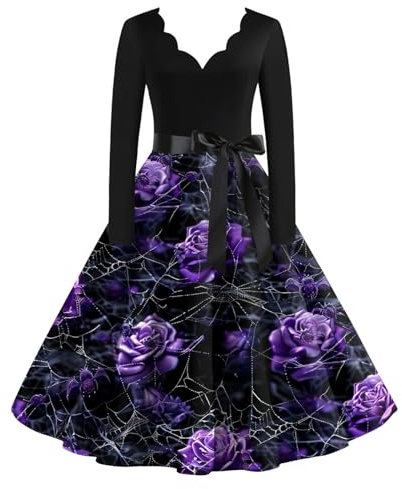 SCBFDI Deguisement Halloween Femme Robe Halloween Col V Manches Longues | Robe Vintage A-Ligne Imprimé Sanguinolent Ceinturée pour Soirée Cocktail, Balançante de Fête d’Automne