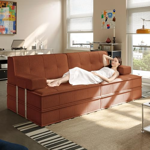 Wumagin 6 in 1 Schlafsofa 207x101cm,Klappbare Matratze 245x207cm mit festem Rahmen, bequemer ausklappbarer Futon, 4-Sitzer Gästesofa modularer Loveseat ohne Federkern für Wohnzimmer