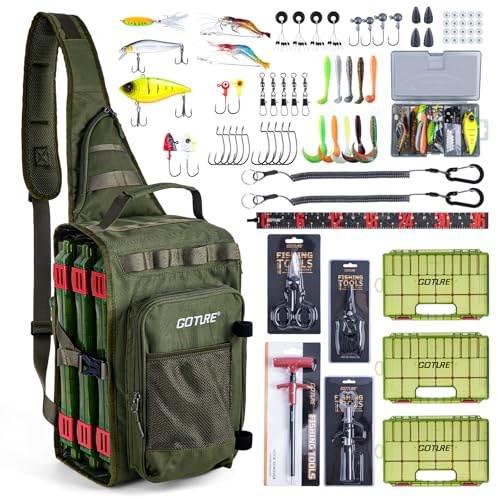 Goture Angeltasche mit 3 Köderbox Angeln und Angelausrüstung, Angel Taschen mit einem Riemen, 900D Oxford, mehrere Taschen, Wasserdicht, Crossbody-Brusttasche für Wandern, Camping, Reisen
