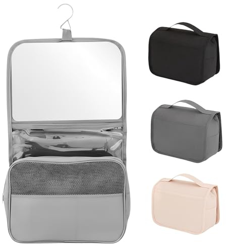 Trousse de Toilette, Pliable Grande Trousse de Toilette Voyage avec Miroir pour Hommes et Femmes, Multifonction Imperméable Sac Cosmétique Organisateur de Voyage avec Crochets (Gris)