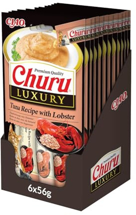 INABA Churu Luxury krämig kattmat med tonfisk och hummer – 12-pack (48 stift x 14 gr) - utsökt slickande kattmat - kattsnacks utan konserveringsmedel eller konstgjorda färgämnen